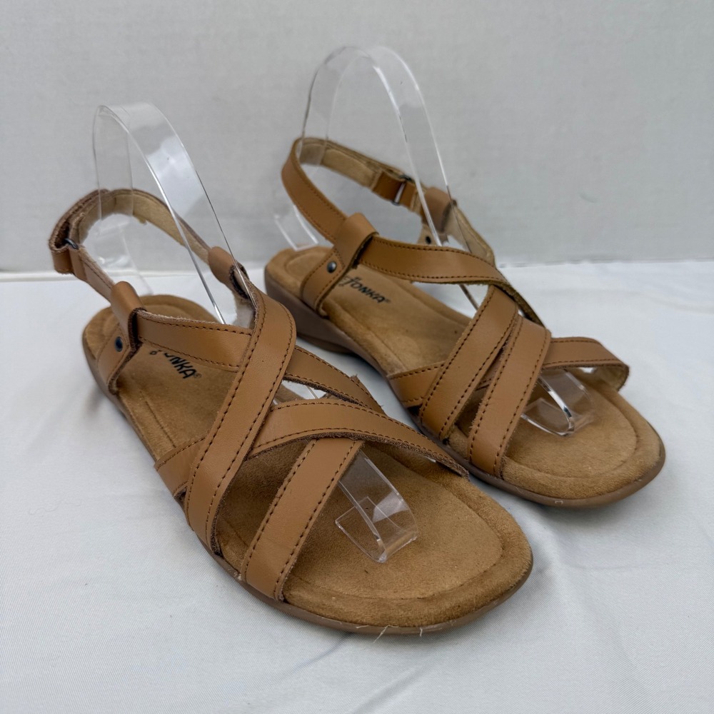 Minnetonka Womens Tan Brown Leather Strappy Slingback Comfort Sandals 8M